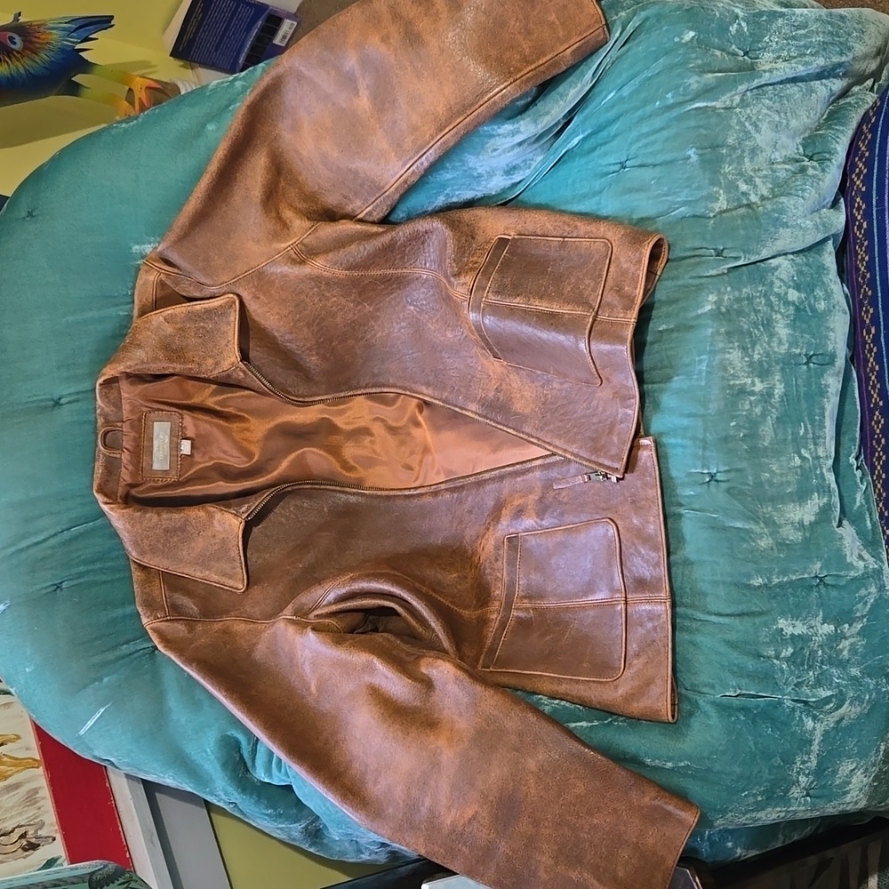 The Territory Ahead distressed brown leather jacket